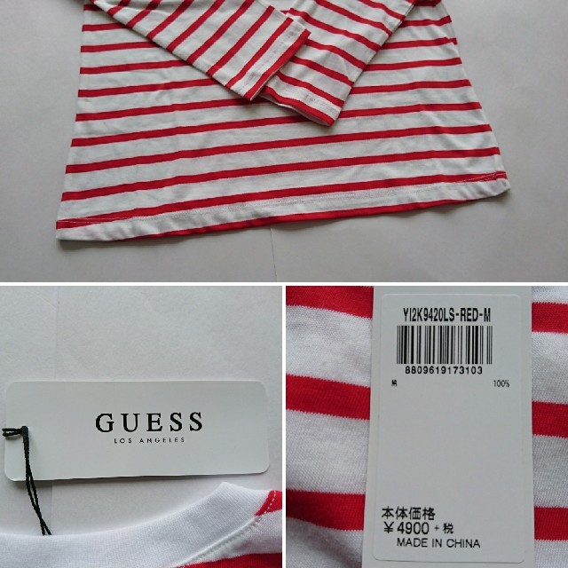 GUESS(ゲス)の値下げしました！[新品/送料無料]GUESSマリンボーダーロンTeeレッドM レディースのトップス(Tシャツ(長袖/七分))の商品写真