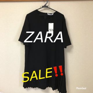 ザラ(ZARA)のSALE‼️【新品・タグ付】ZARA ラウンドネック 半袖ワンピース 裾プリーツ(ひざ丈ワンピース)