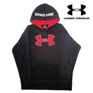 アンダーアーマー(UNDER ARMOUR)の美品 UNDER ARMOUR ビッグロゴ刺繍プルオーバーパーカー 黒 YXL(パーカー)