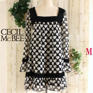 セシルマクビー(CECIL McBEE)のCECIL McBEE★ブラックシフォンハート柄可愛いワンピースM(ミニワンピース)