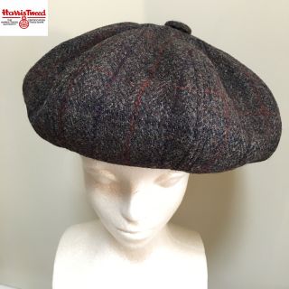 ハリスツイード(Harris Tweed)のハリスツイード チャコール 茶系 チェック ベレー帽 ハンドメイド サイズ調節(ハンチング/ベレー帽)