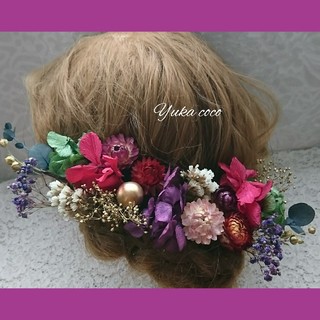 和装 ドライフラワー ヘッドドレス 髪飾り❁¨̮紫×紅 結婚式 成人式 七五三(和装小物)