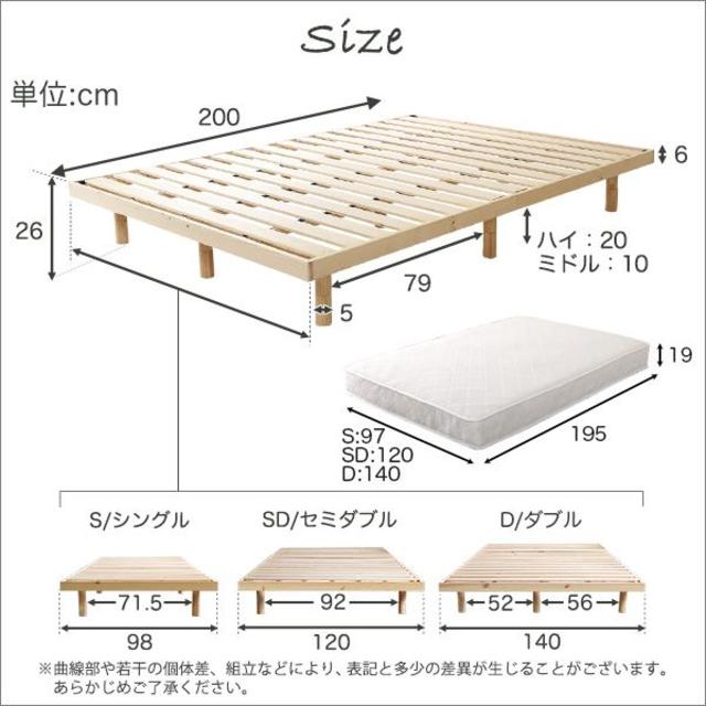 パイン材高さ3段階調整脚付きすのこベッド　マットレス付き　ダブル 2