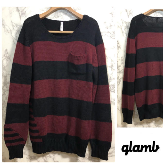 glamb(グラム)の【美品】glamb ニット ボーダー セーター ブラック × ボルドー サイズ3 メンズのトップス(ニット/セーター)の商品写真