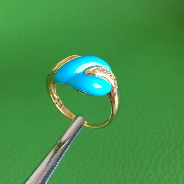 絶妙なデザイン K18 トルコ石 ダイヤ0.03ct デザインリング 12号
