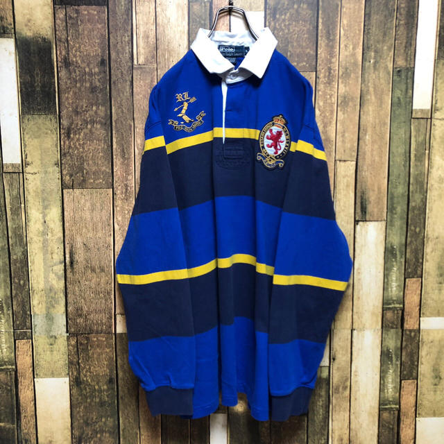 POLO RALPH LAUREN(ポロラルフローレン)の【激レア】ポロラルフローレン☆エンブレム刺繍ロゴ太ボーダーラガーシャツ 90s メンズのトップス(ポロシャツ)の商品写真