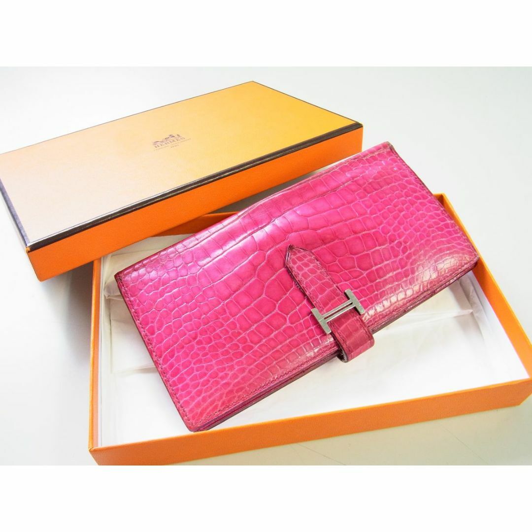 HERMES - HERMES エルメス ベアン アリゲーター ピンククロコ長 HERMES - HERMES エルメス ベアン アリゲーター ピンククロコ長
