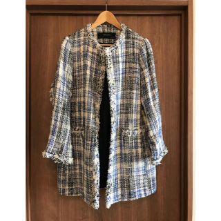 ザラ(ZARA)のZARA ザラ  ツイード ノーカラー ロングジャケット コート(ノーカラージャケット)