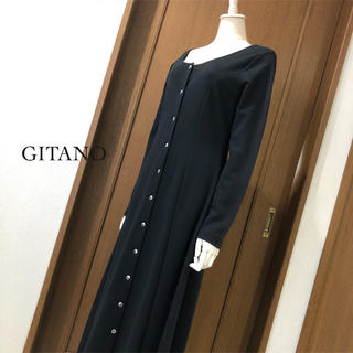 GITANO ◆ 日本製 ブラック 長袖 前ボタン ロングワンピース (ロングワンピース/マキシワンピース)