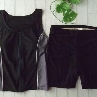新品◆袖なし・ラン型フィットネス水着・サイド切替・15号LL・グレー・黒(水着)