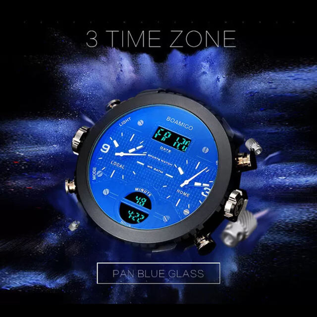 新製品 デュアルディスプレイ デジアナ ３タイムゾーン ブラック×ブルー メンズの時計(腕時計(デジタル))の商品写真