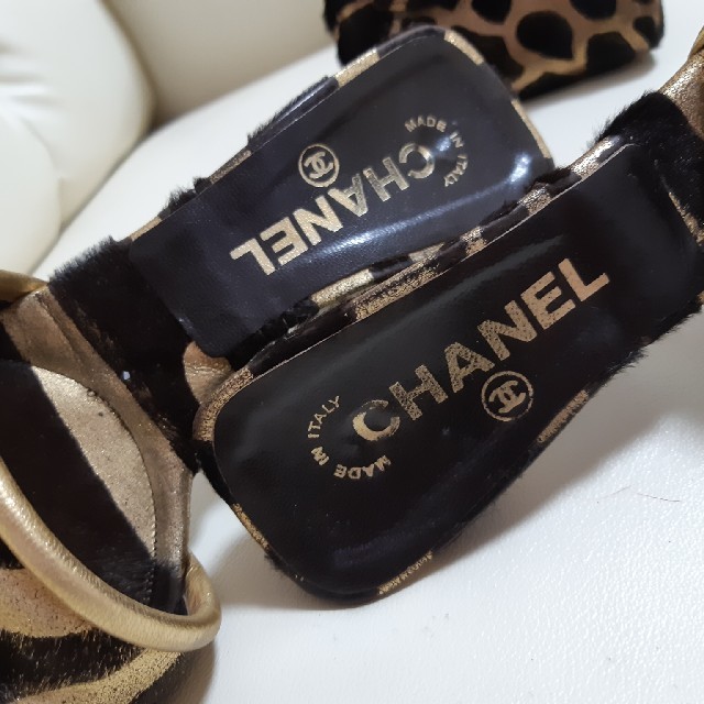 CHANEL(シャネル)のシャネル/ /ゴールド×茶ハラコ素材のミュール レディースの靴/シューズ(ミュール)の商品写真