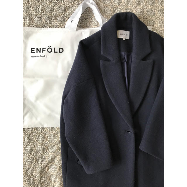 レディースENFOLD 名品ウインドストッパーロングコート navy コートカバー付き