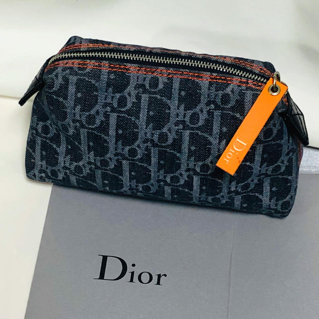 未使用★Dior ディオール ポーチ ネイビーブルー トロッター柄 がま口