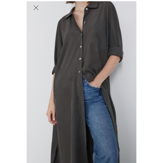 ZARA(ザラ)のZARA シャツ　ワンピース　カーキ レディースのトップス(シャツ/ブラウス(長袖/七分))の商品写真