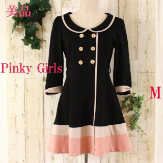 ピンキーガールズ(PinkyGirls)の美品★Pinky Girlsブラック段カラー切替袖リボンワンピースM(ミニワンピース)