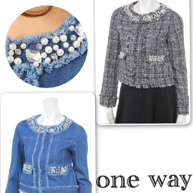 one*way(ワンウェイ)のone way☆パールビジュー付ツイードジャケット レディースのジャケット/アウター(ノーカラージャケット)の商品写真