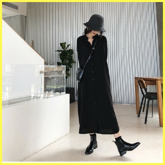 ブランド 新品 スタンドカラー ブラック ロングシャツワンピ☆ロング