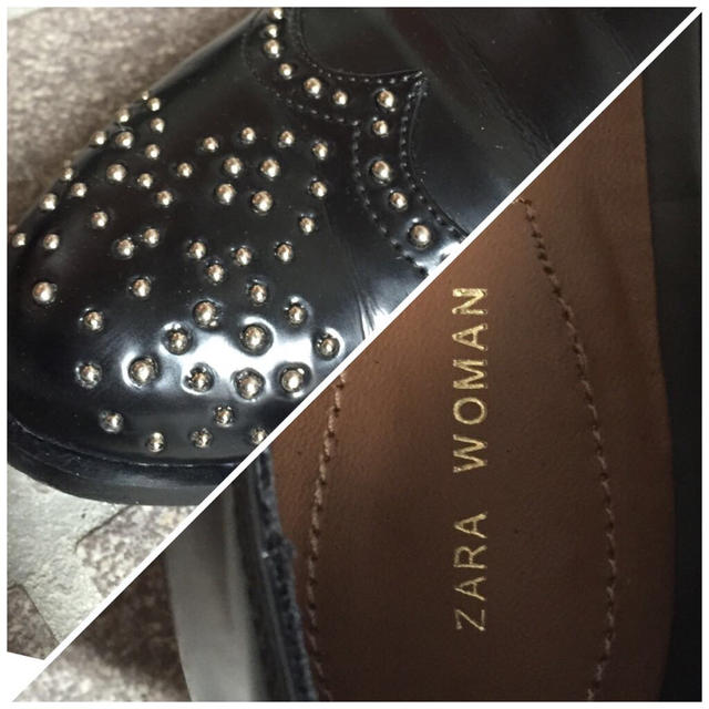 美品 ZARA スタッズレザー フラットシューズ 数時間着 ブラック ZARAスタッズ付きブラックフラットシューズ - メルカリ