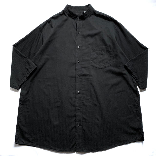 80s90s ノーカラーシャツ ロングシャツ 黒ブラック ビンテージ XXLメンズ