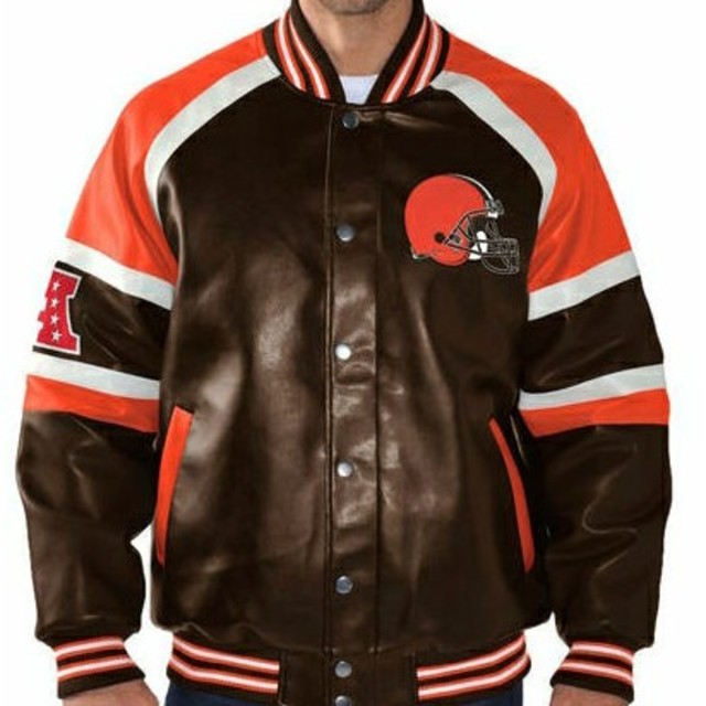 新品 NFL BROWNS ブラウンズ フェイク革ジャンパー M