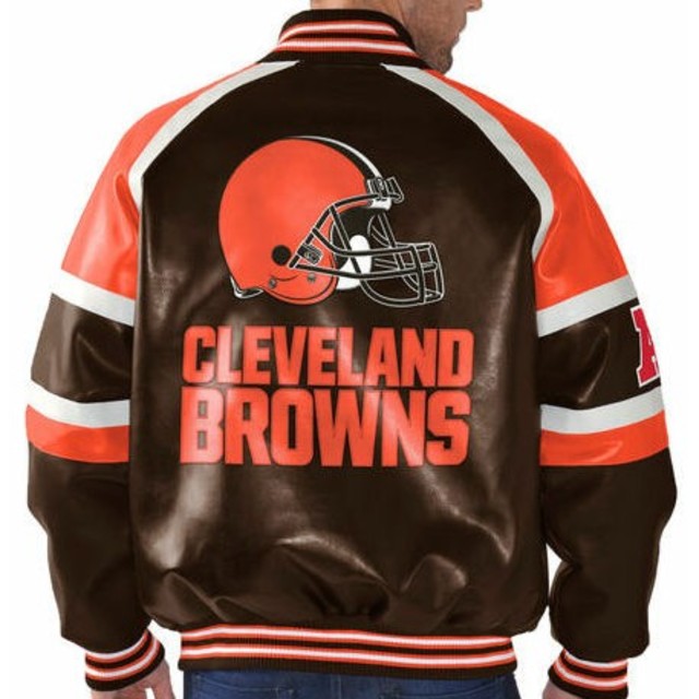 新品 NFL BROWNS ブラウンズ フェイク革ジャンパー M