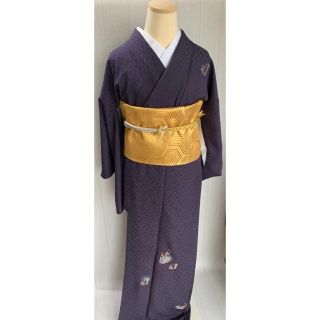 未使用★訪問着付け下げ 刺繍華文様 金糸 正絹 ダークパープル 516(着物)