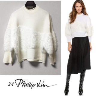 スリーワンフィリップリム(3.1 Phillip Lim)のフィリップリム　ファー付きホワイトニット　ドロップショルダー(ニット/セーター)