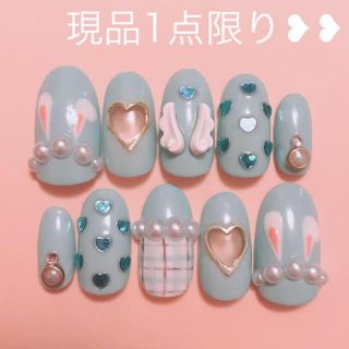  【現品1点限り】ティファニーブルーのうさ耳ネイルチップ❥❥