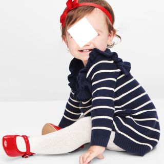 ベビーギャップ(babyGAP)のガーター編み ボーダーフリルニットワンピース 白×紺(ワンピース)