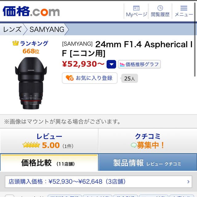 ★ 24mm F1.4 Aspherical IF ニコン用　美品★ スマホ/家電/カメラのカメラ(レンズ(単焦点))の商品写真