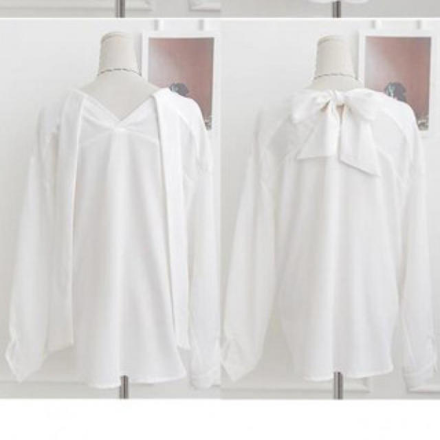 バックリボン Vネック ブラウス ドロップショルダー 背中見せ シャツ Mサイズ レディースのトップス(シャツ/ブラウス(長袖/七分))の商品写真