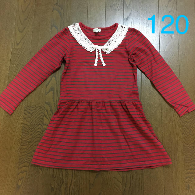 3can4on(サンカンシオン)の赤ボーダーワンピース120 キッズ/ベビー/マタニティのキッズ服女の子用(90cm~)(ワンピース)の商品写真