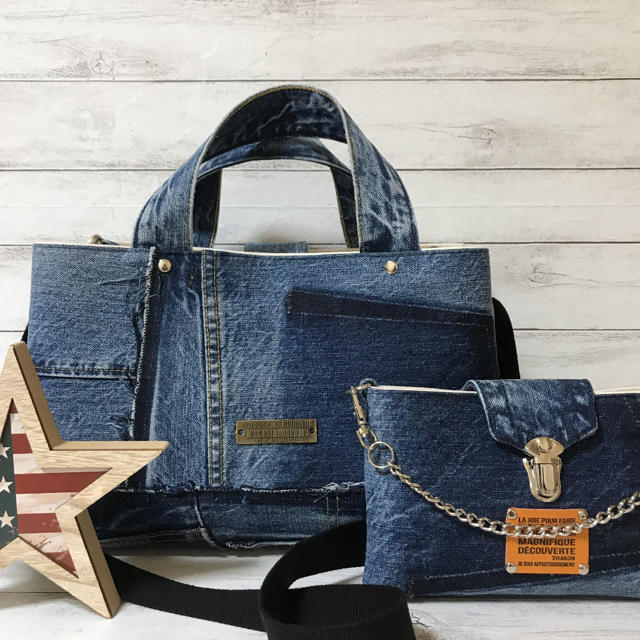 ハンドメイド_ALL denim _2wayリメイクバッグ＆ポーチ