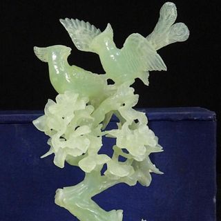 超美品❗️中国美術 玉石 花鳥 彫刻 置物 台座 箱付 高さ約23cm(彫刻/オブジェ)