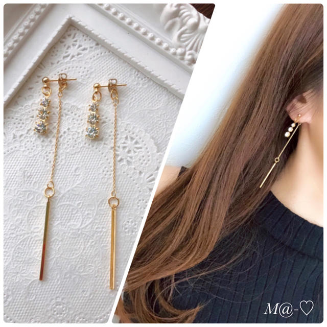 高品質♡3連ストーン2wayピアス♡ロングチェーンスティック♡ ハンドメイドのアクセサリー(ピアス)の商品写真