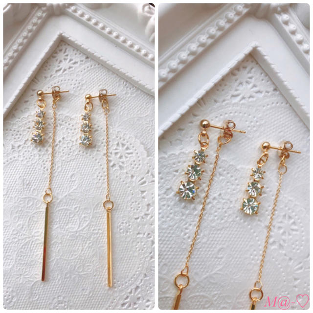 高品質♡3連ストーン2wayピアス♡ロングチェーンスティック♡ ハンドメイドのアクセサリー(ピアス)の商品写真