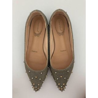 クリスチャンルブタン(Christian Louboutin)の高級＊ 本革＊ラメ スタッズ フラットパンプス ＊ シルバー 37(バレエシューズ)