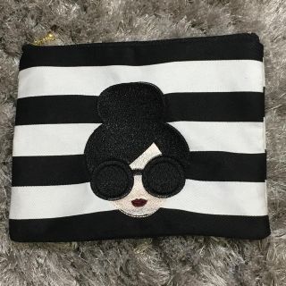 アリスアンドオリビア(Alice+Olivia)のサングラスガールの刺繍ポーチ♡黒ボーダー(ポーチ)