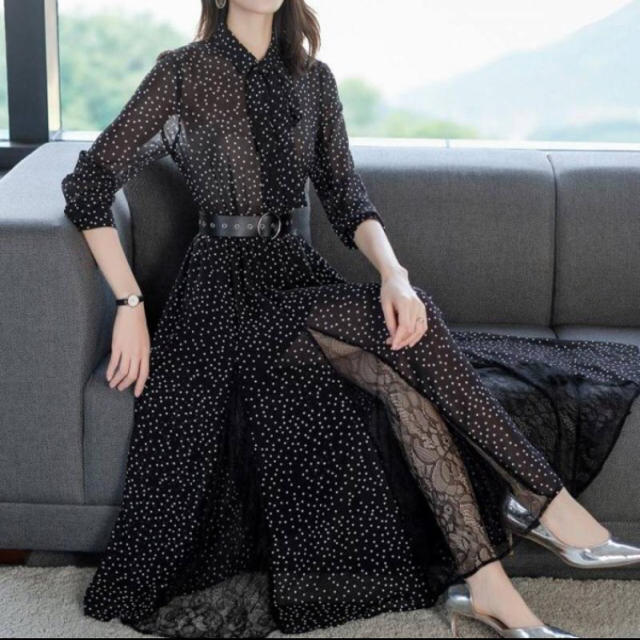 ドット柄シフォンレース切り替えワンピース 1
