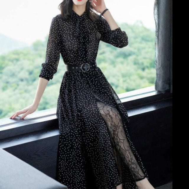 ドット柄シフォンレース切り替えワンピース 3