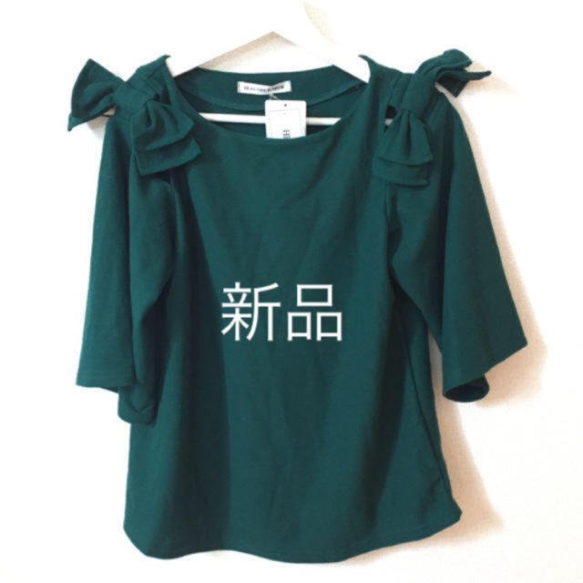 しまむら(シマムラ)の新品 肩リボン トップス グリーン レディースのトップス(カットソー(長袖/七分))の商品写真