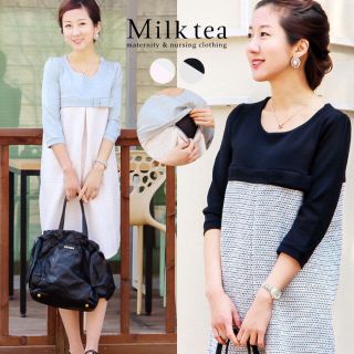 【Milk tea】マタニティ＆授乳服ワンピース ブラック フリーサイズ(マタニティワンピース)