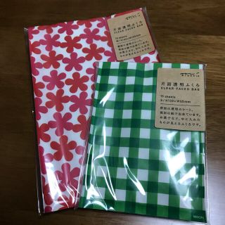 【新品】片面透明ふくろ M花柄赤×Sチェック柄緑(ラッピング/包装)