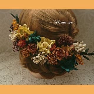 アンティークローズ ドライフラワー ヘッドドレス❁¨̮orange yellow(ヘッドドレス/ドレス)