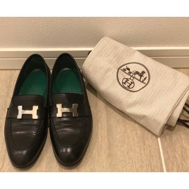 Hermes(エルメス)の【Hermes/エルメス】黒×グリーン★バイカラー★ローファー★モカシン レディースの靴/シューズ(ローファー/革靴)の商品写真