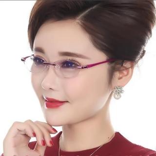 +2.5 ブルーライトカット老眼鏡 レディース女性用メガネ リムレス おしゃれ紫(サングラス/メガネ)