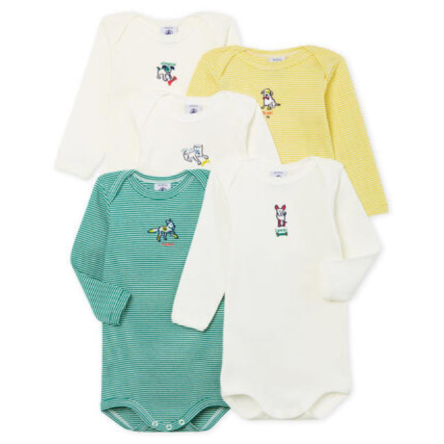 PETIT BATEAU(プチバトー)の【新品】プチバトー プリント長袖ボディ5枚組 犬 キッズ/ベビー/マタニティのベビー服(~85cm)(肌着/下着)の商品写真