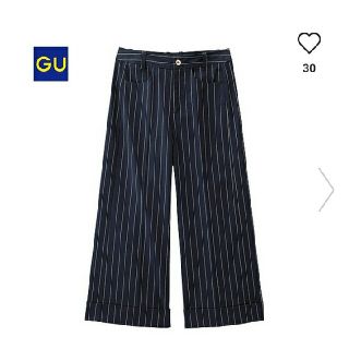 ジーユー(GU)のGU ワイド クロップド パンツ Lサイズ 紺 ストライプ(クロップドパンツ)