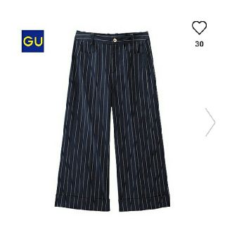 ジーユー(GU)のGU ワイド クロップド パンツ XLサイズ 紺 ストライプ(クロップドパンツ)